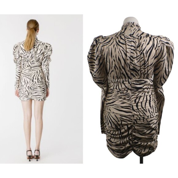 Bardot Women Size 10 Beige Animal Print Puff Sleeve Ruched Mini NEW Dress Party - Picture 16 of 16